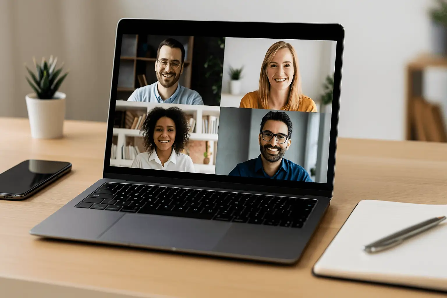 Personas profesionales en videollamada, colaborando en la implementación de un sistema ERP como Odoo con el apoyo de Doit Digital